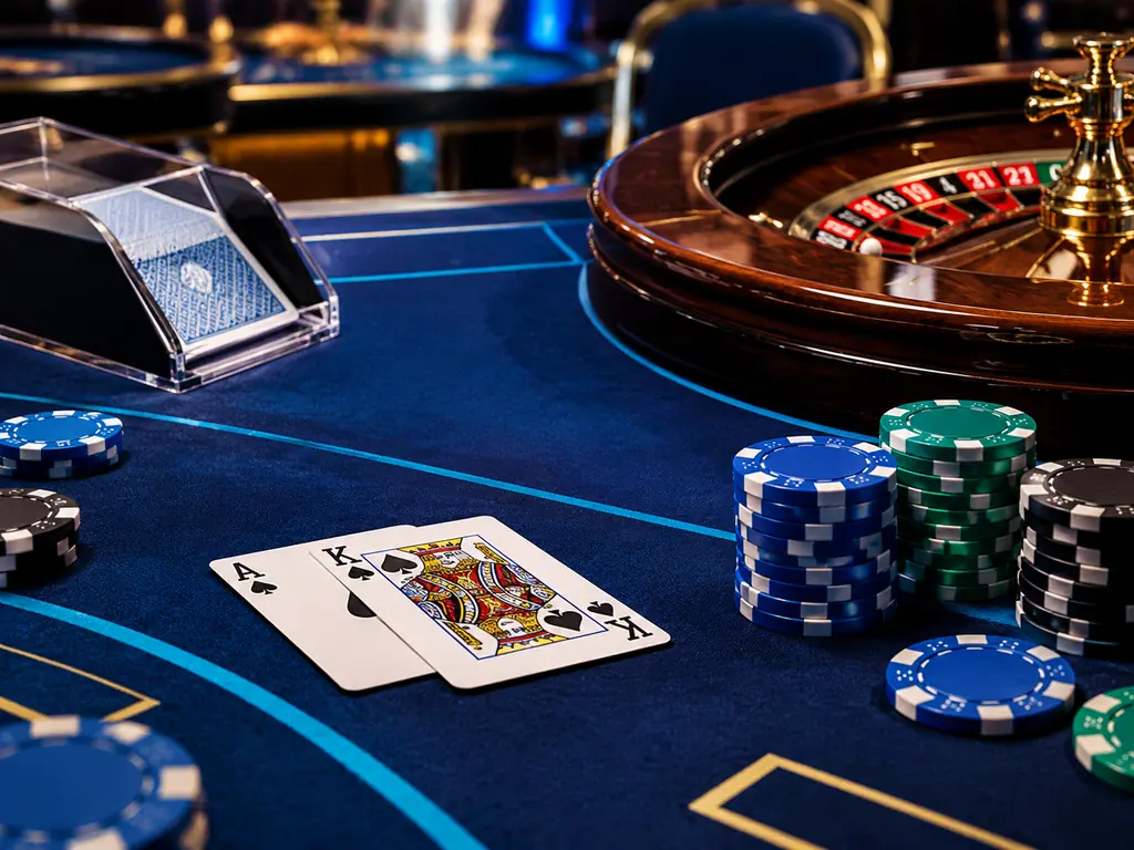 Kartu, cip dan roda roulette pada meja kasino