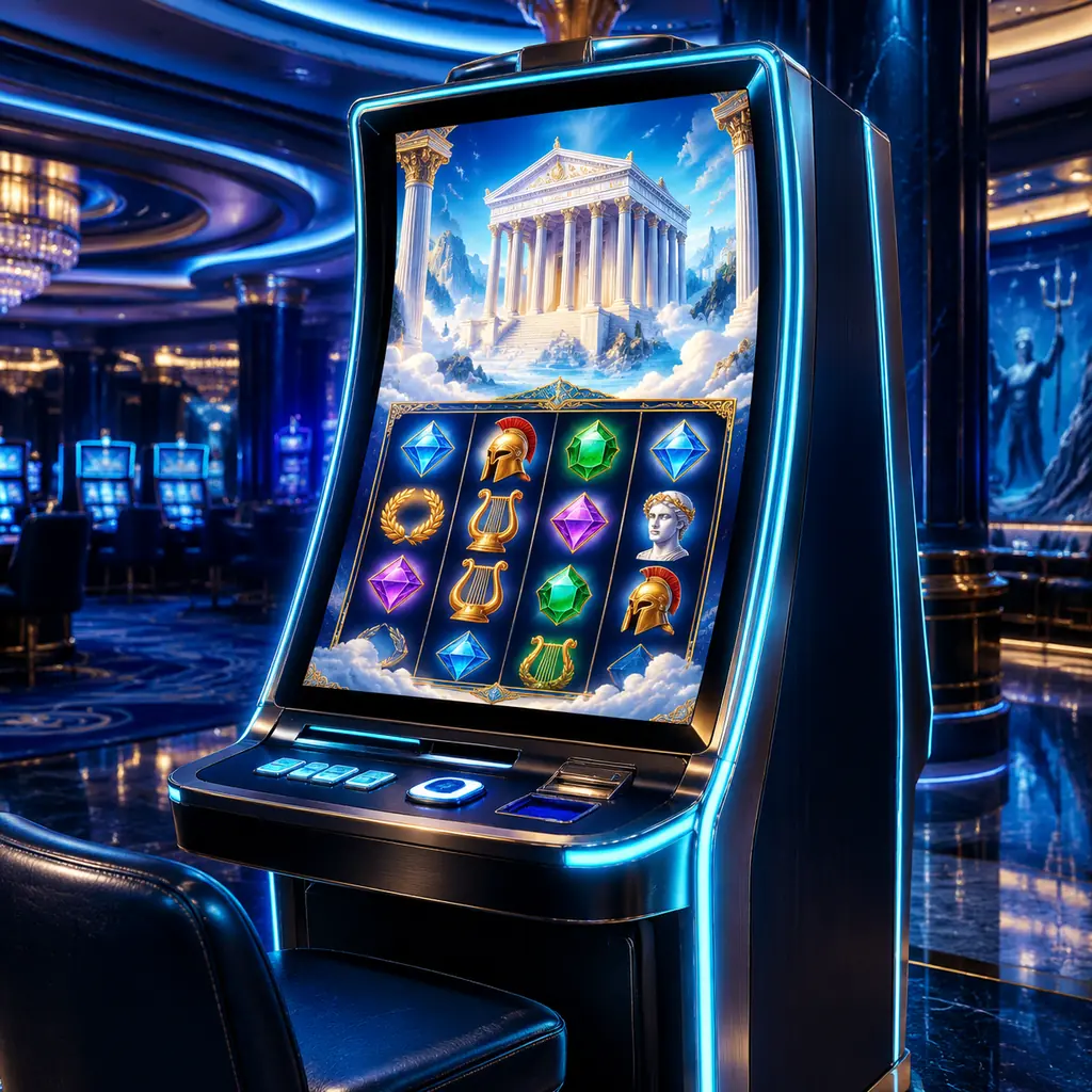 Mesin slot bertema kuil Yunani di ruang kasino biru