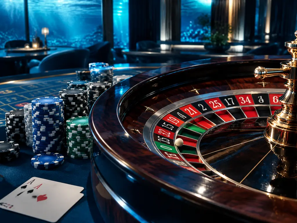 Roda roulette dengan bola dan cip di meja kasino